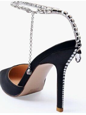 Crystal strap black satin pumps heels designer inspired